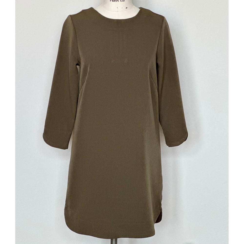 H & M‎ Olive Green Shift Dress 3/4 Sleeve Keyhole Back Rounded Hem Short Size 6